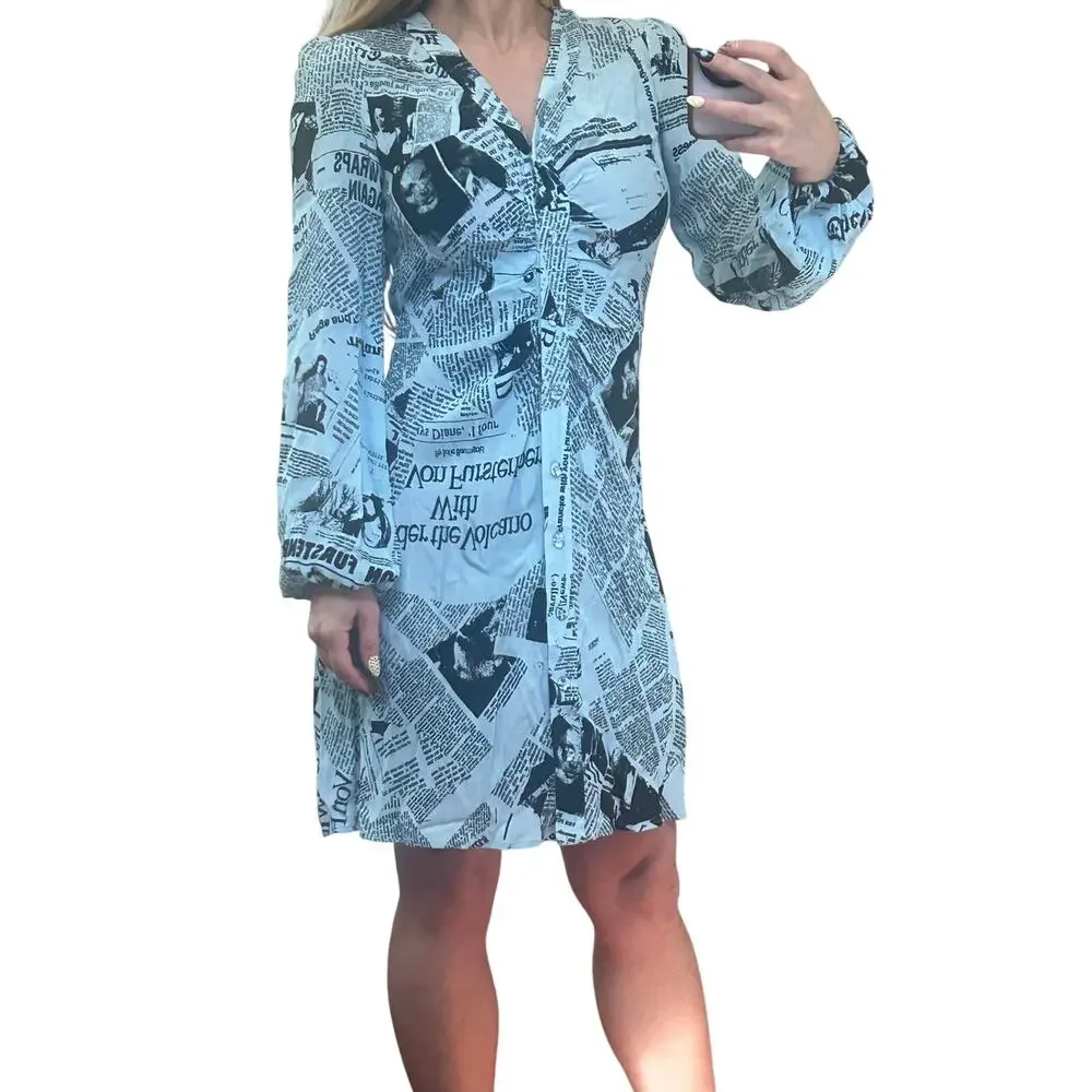 NWT Diane von Furstenberg Calico Newspaper Daydream Mini Dress Size 0 Blue